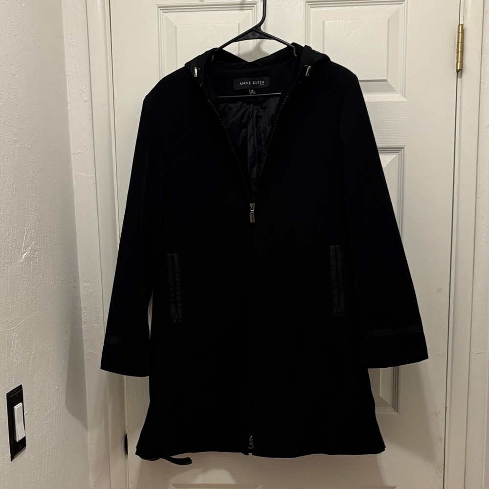 Anne Klein Black Hooded Zip-Front Trench Coat water Resistant